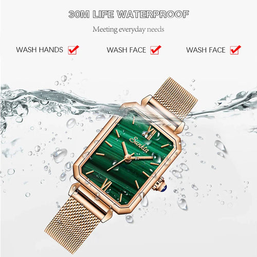Women's Rectangular Green Dial Mesh Band Quartz Watch