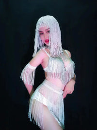 Luxury Crystal Tassel Bikini & Wig Performance Set – Premium Showgirl Stage Costume for GoGo Dancers, Nightclub DJs & Rave Outfits