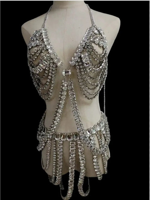 Dazzling Multilayer Crystal Chest & Waist Body Chain Set