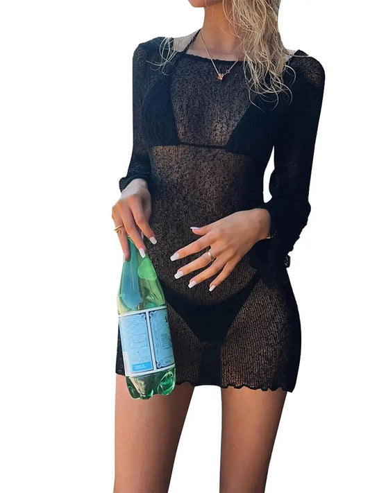 Women Bikini Cover-Ups Solid Color See-Through Long Sleeve Backless Beach Knitted Mini Dress Swimwear Sunscreen Blouse