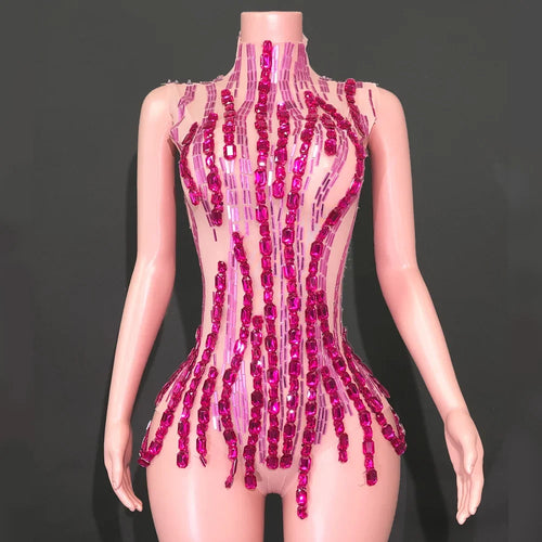 Sparkly Rhinestone Mirror High-Cut Stage Bodysuit Performance Dance Leotard