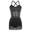 Rhinestone Latin Dance Dress, Mesh Tiered Tassel Bodysuit & Long Gloves Set