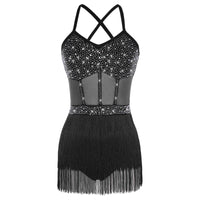 Rhinestone Latin Dance Dress, Mesh Tiered Tassel Bodysuit & Long Gloves Set
