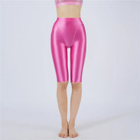 Oil Glossy High-Stretch Knee-Length Shorts Satin Shine Performance Biker Shorts
