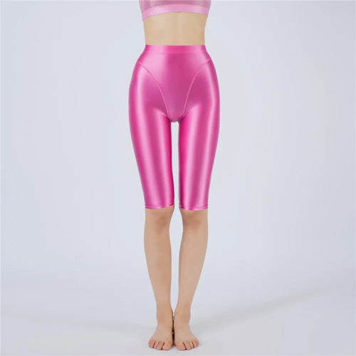 Oil Glossy High-Stretch Knee-Length Shorts Satin Shine Performance Biker Shorts