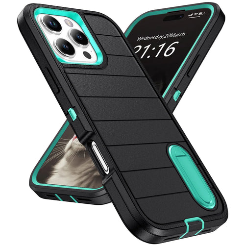 For iPhone 16/iPhone 16 Plus/iPhone 16 Pro/iPhone 16 Pro Max Case 3-Layers Heavy Duty Protective Kickstand Cover Black Green