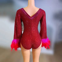 Red Hollow-Out Rhinestone Bodysuit & Feather Trim Stage Performance Costume