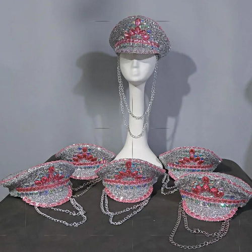 Pink & Silver Rhinestone Captain Hat Drag Queen & Showgirl Stage Headwear