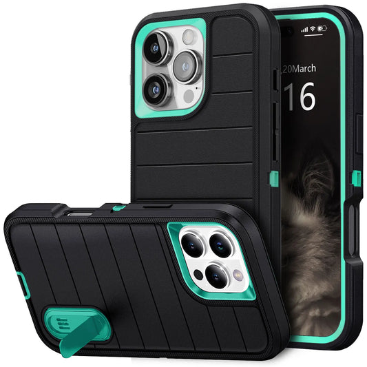 For iPhone 16/iPhone 16 Plus/iPhone 16 Pro/iPhone 16 Pro Max Case 3-Layers Heavy Duty Protective Kickstand Cover Black Green