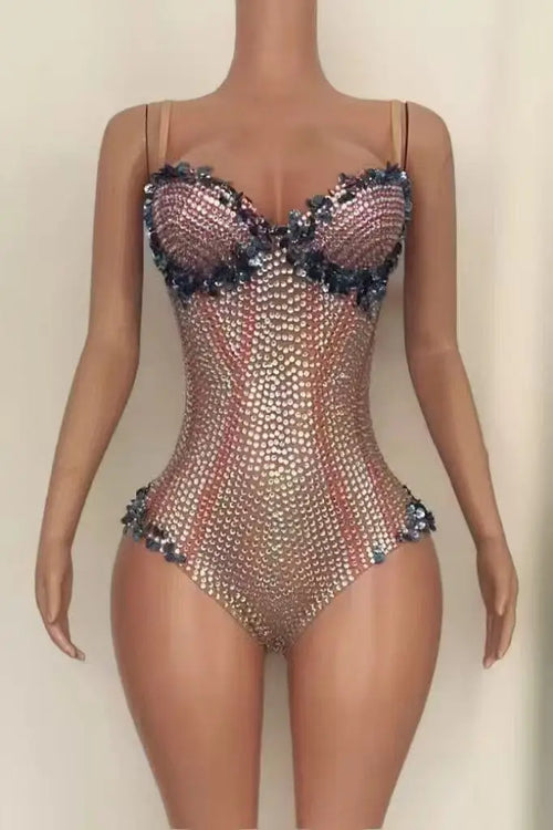 Sparkly Rhinestone & Tassel Fringe Bodysuit Stage Performance Costume