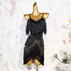 Black Fluffy Dance Leotard & Fringe Practice Skirt Latin Performance Costume Set