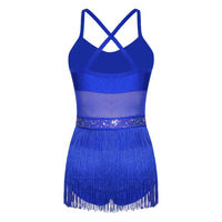 Rhinestone Latin Dance Dress, Mesh Tiered Tassel Bodysuit & Long Gloves Set