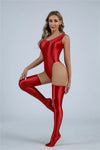 Backless High-Cut Oil Glossy Sheer Bodysuit & Matching Stockings Set