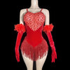 Sparkly Rhinestone & Sequin Tassel Bodysuit with Feathers & Gloves Costume Set
