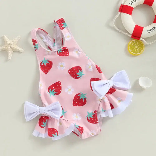 Toddler Girl s Floral Print Swimsuit with 3D Bow Detail Round Neck Sleeveless Design and Frill Trim - Cute Summer Swimwear