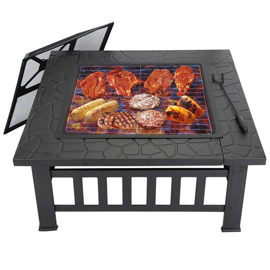 32" Metal Firepit Patio Backyard Garden Square Stove Cover Fire Pit Heat Brazier