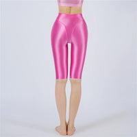 Oil Glossy High-Stretch Knee-Length Shorts Satin Shine Performance Biker Shorts