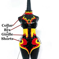 PU Leather Flame Bikini, Collar & Harness Shorts 3-Piece Gogo Performance Costume Set