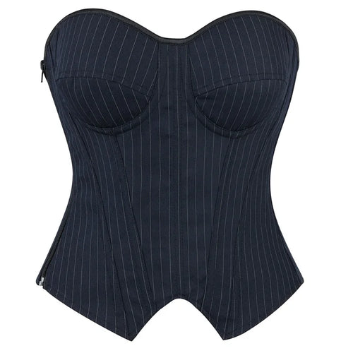 Black Striped Overbust Corset Top Zipper Front Lace-Up Bustier Body Shaper