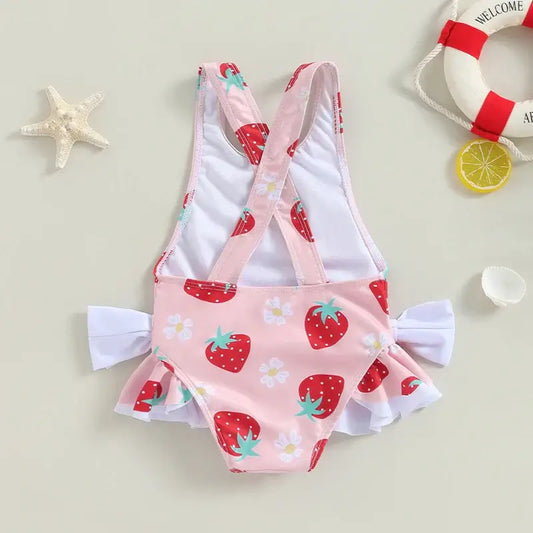 Toddler Girl s Floral Print Swimsuit with 3D Bow Detail Round Neck Sleeveless Design and Frill Trim - Cute Summer Swimwear