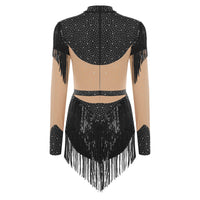 Rhinestone Sequin Tassel Long Sleeve Dance Jumpsuit Bodysuit