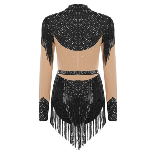 Rhinestone Sequin Tassel Long Sleeve Dance Jumpsuit Bodysuit