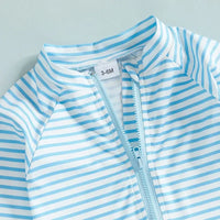 Infant Boys Girls Sun Protection Swimwear Set with Hat 2 Piece UV Rash Guard Suit Striped Zip Up Long Sleeve Crew Neck