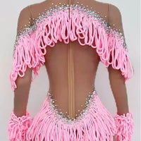 Pink Tassel Long-Sleeve Bodysuit Drag Queen & Gogo Stage Performance Costume
