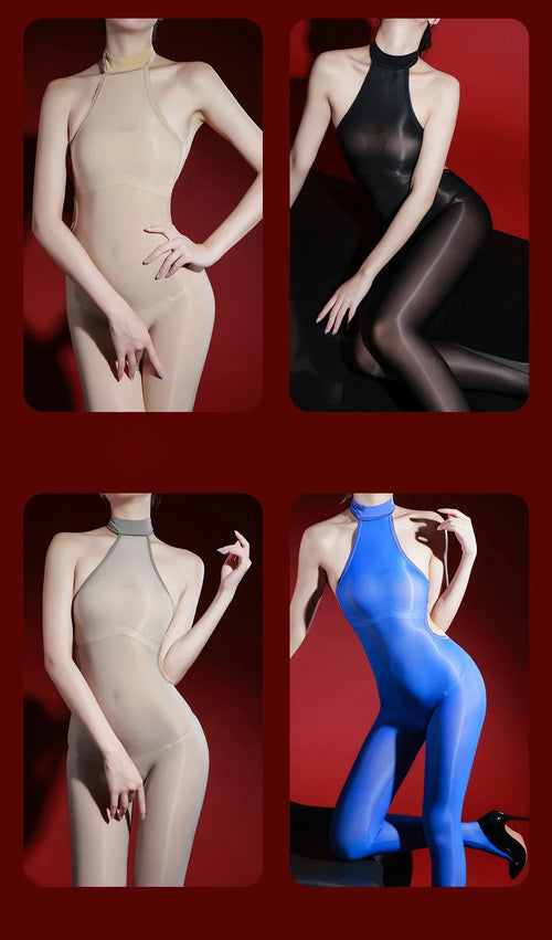 5D 912 PIN Backless Halter Oil Glossy Sheer Bodysuit Leotard