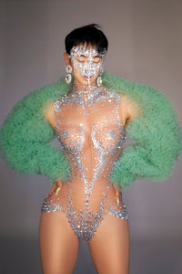 Crystal Mesh See-Through Pole Dance Leotard & Rhinestone Bodysuit Romper