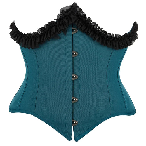 Gothic Underbust Corset Bustier Lace Ruffle Trim Front Busk Waist Cincher