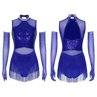 Sparkly Sequin & Fringe Dance Dress with Gloves Latin Stage Performance Costume