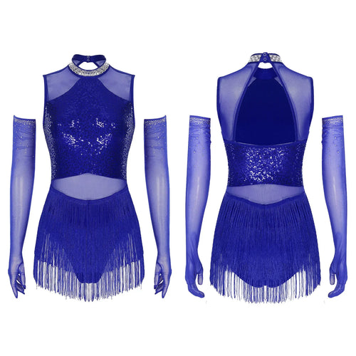 Sparkly Sequin & Fringe Dance Dress with Gloves Latin Stage Performance Costume