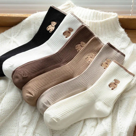 5 Pairs Japanese Women Mid-Tube Socks Autumn Winter New School Style Simple Casual Cotton Socks Tide Medium Length Stockings