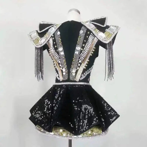 Sparkly Crystal & Rhinestone Armor Bodysuit & Dress Stage Performance Costume