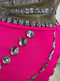 Hot Pink Rhinestone & Tulle Inset Open-Leg Maxi Evening Gown