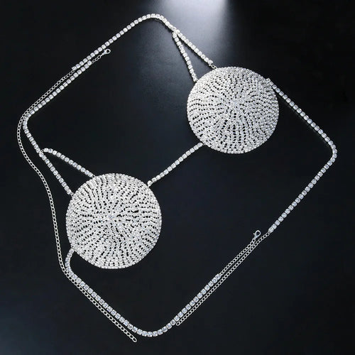 Dazzling Round Rhinestone Chest Chain & Statement Bra Body Jewelry