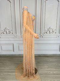 Sparkly Rhinestone & Pearl Mesh Evening Gown with Cloak Sleeves Stage Costume