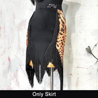 Black Open-Back Leotard & Leopard Print Fringe Skirt Latin Dance Costume Set