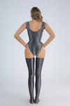 Backless High-Cut Oil Glossy Sheer Bodysuit & Matching Stockings Set