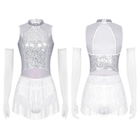 Sparkly Sequin & Fringe Dance Dress with Gloves Latin Stage Performance Costume