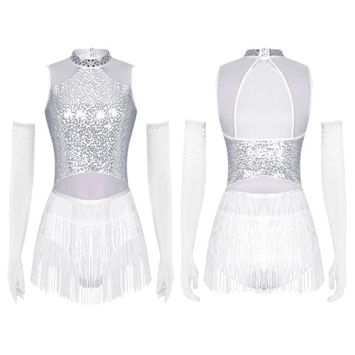 Sparkly Sequin & Fringe Dance Dress with Gloves Latin Stage Performance Costume