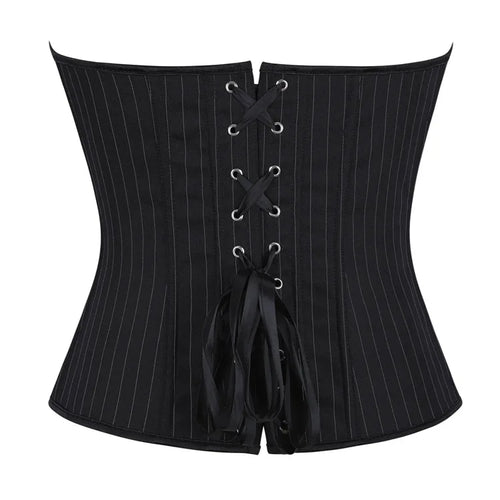 Black Striped Overbust Corset Top Zipper Front Lace-Up Bustier Body Shaper