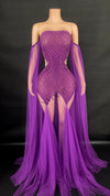 Rhinestone & Pearl Off-Shoulder Sheer Illusion Long Dress Gala Evening Costume
