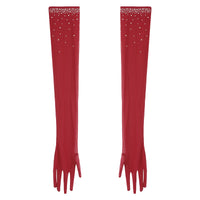 Rhinestone Latin Dance Dress, Mesh Tiered Tassel Bodysuit & Long Gloves Set