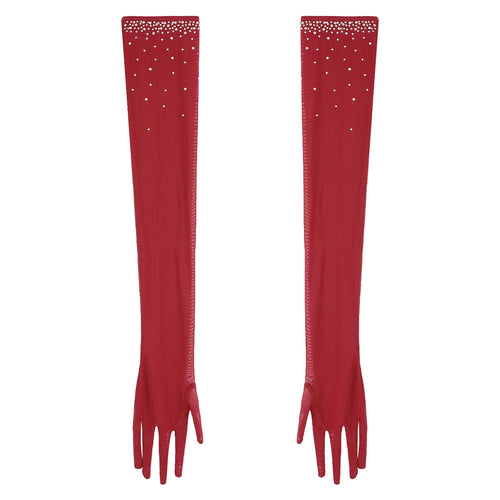 Rhinestone Latin Dance Dress, Mesh Tiered Tassel Bodysuit & Long Gloves Set