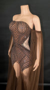 Rhinestone & Pearl Off-Shoulder Sheer Illusion Long Dress Gala Evening Costume