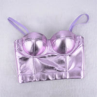 Purple Metallic PU Leather Bustier Corset Crop Top High Street Bralette