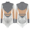 Rhinestone Sequin Tassel Long Sleeve Dance Jumpsuit Bodysuit
