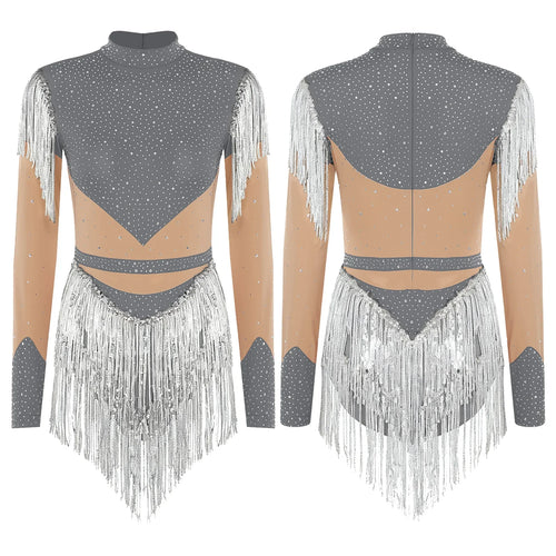Rhinestone Sequin Tassel Long Sleeve Dance Jumpsuit Bodysuit